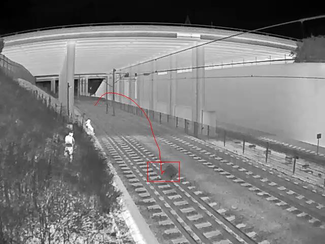 An image from one of the thermal cameras showing a tracked object being thrown onto the tracks with two people visible in bright infrared.