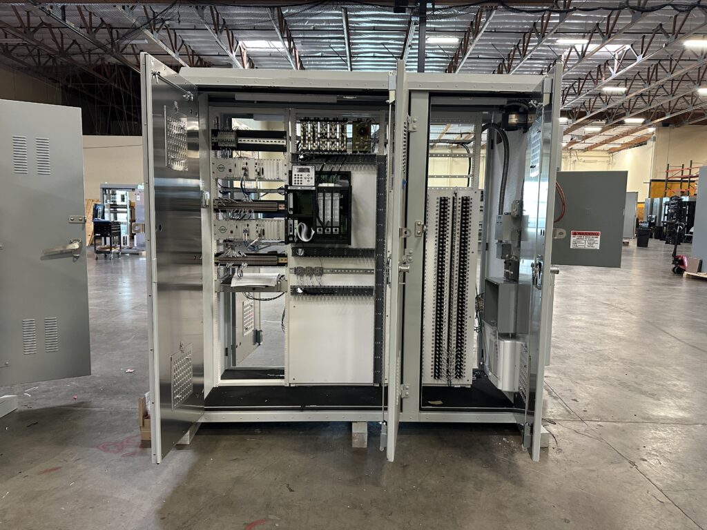 A wayside train control case being assembled and wired in B&C Transit's facility.