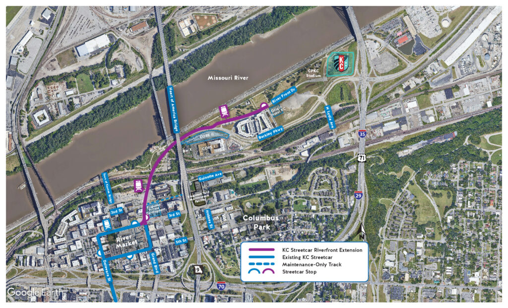 A map that shows the new Riverfront Extension route with stations and points of interest marked.